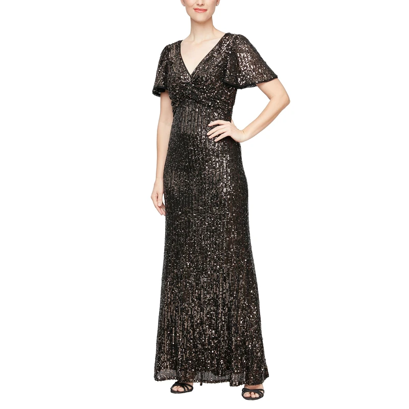 Alex Evenings Women's Stretch Sequin Bodice Empire Waist Long Dress, Black Bronze Sequin, 16