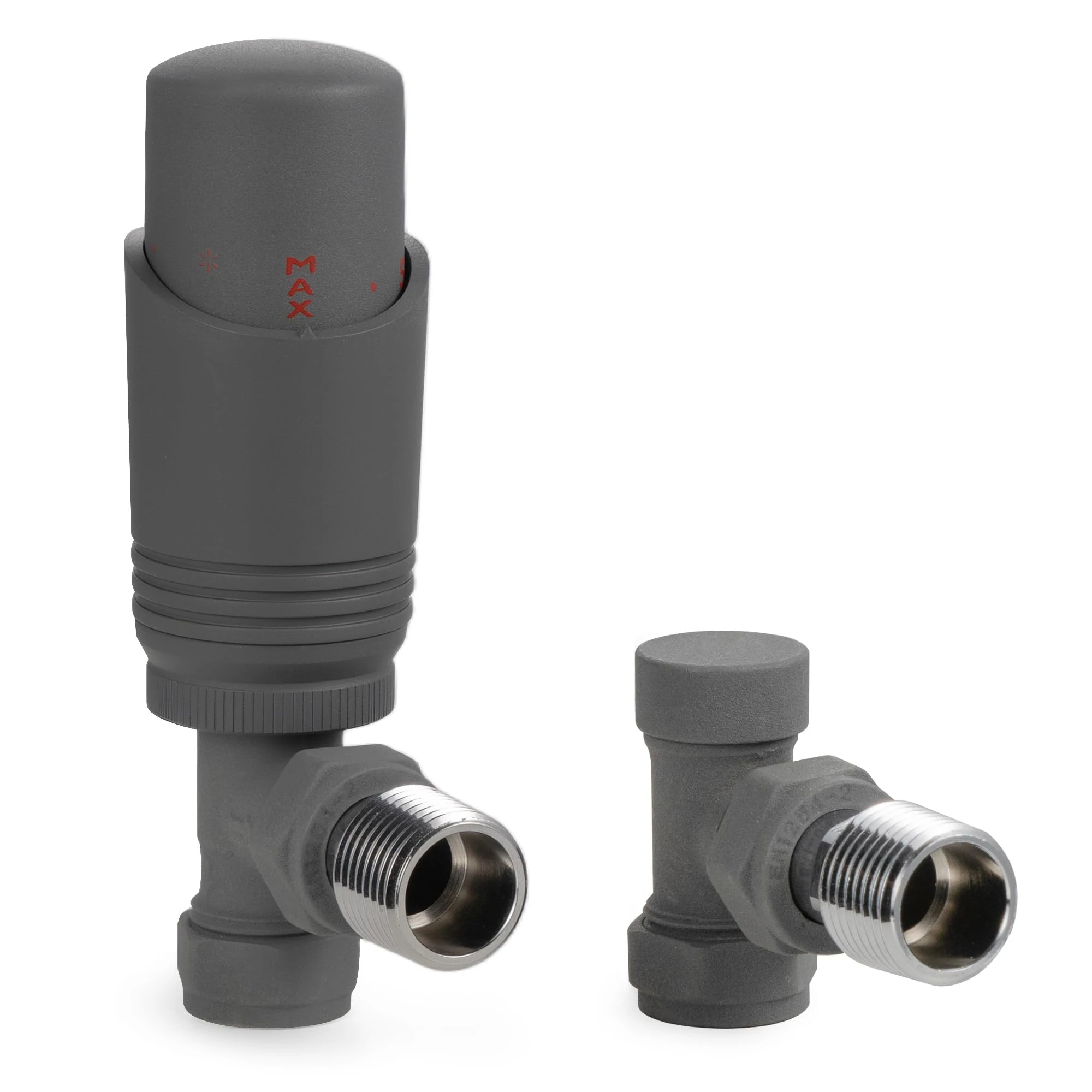 VANCOCO Anthracite Grey Thermostatic Radiator Valves 15mm (TRV) with Lockshield, 1/2"×15mm Angled Radiator Thermostat Valve, H62 Brass, Energy Saving Modern TRV for Central Heating Syetem