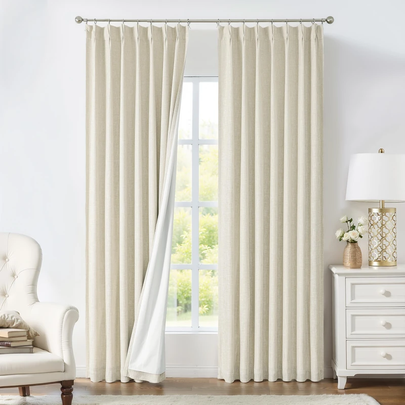 Pinch Pleated Blackout Curtain Panel with Full Blackout Liner Window Treatment Sets with Back Tab for Farmhouse Living Room Bedroom Thermal Insulated Drape with Hooks, 40"x95"x2, Sand/Linen