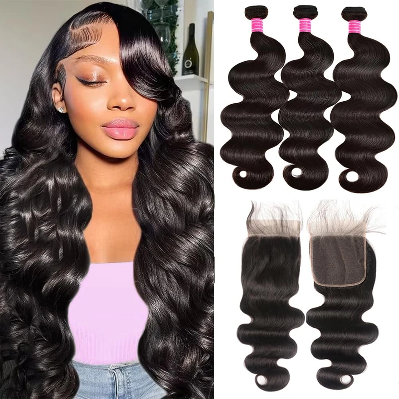 Adigrace 10A Body Wave Bundles with Closure (24 26 28+20) Brazilian Human Hair 3 Bundles with 4x4 Lace Closure 100% Unprocessed Virgin Hair Body Wave Bundles Human Hair Natural Color for Black Women - Image 1
