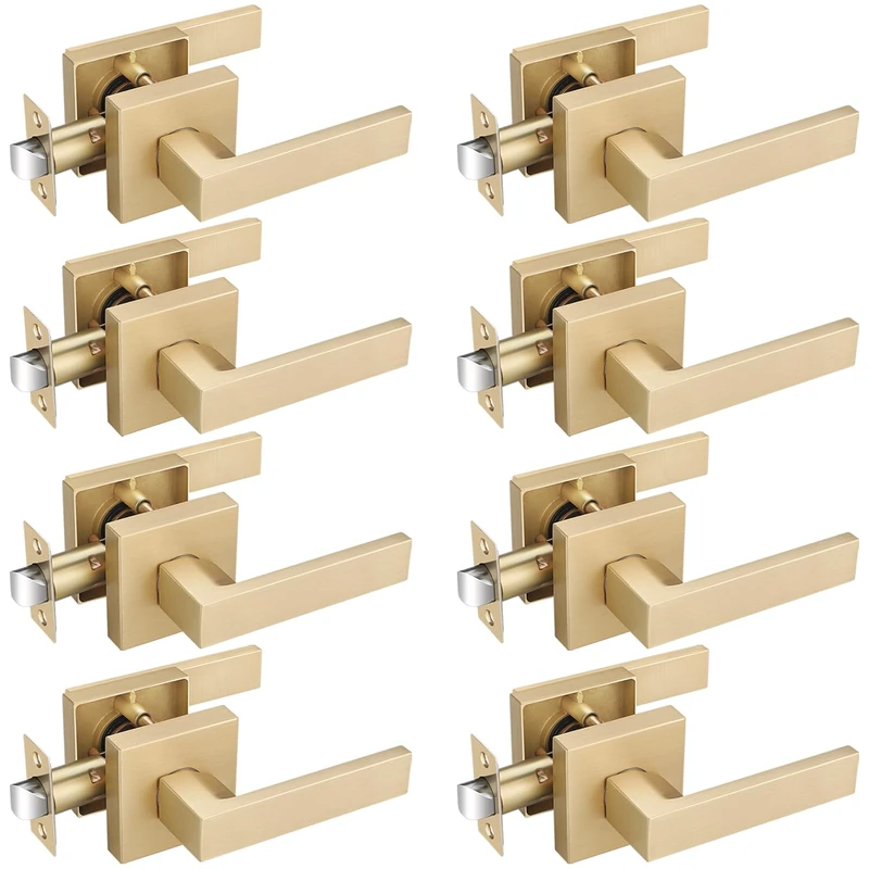 EHOMEWARE 8 Pack Keyless Interior Door Handles Closet Door Handle in Satin Brass Finish, Passage Door Lever for Hallway and Closet, Passage Door Handle Sets
