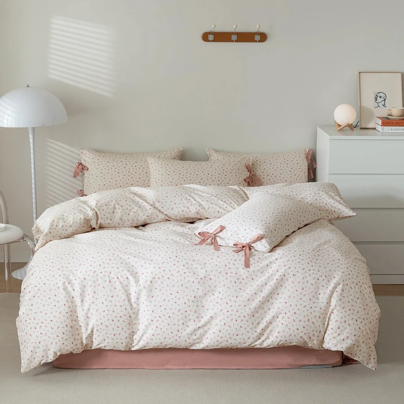 AOJIM White Duvet Cover Set, 100% Cotton Comforter Cover with Pink Floral Print, Bedding 3 PCs (1 Queen Duvet Cover 90x90 with Zipper Closure + 2 Pillowcases 20x26 with Bowknot Bow Ties)