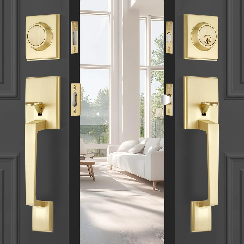 EHOMEWARE Brass Double Front Door Handle Set, Gold Heavy Duty Square Door Lever and Single Cylinder Deadbolt Combo for Side by Side Entrance Exterior Doors, Satin Brass Finish
