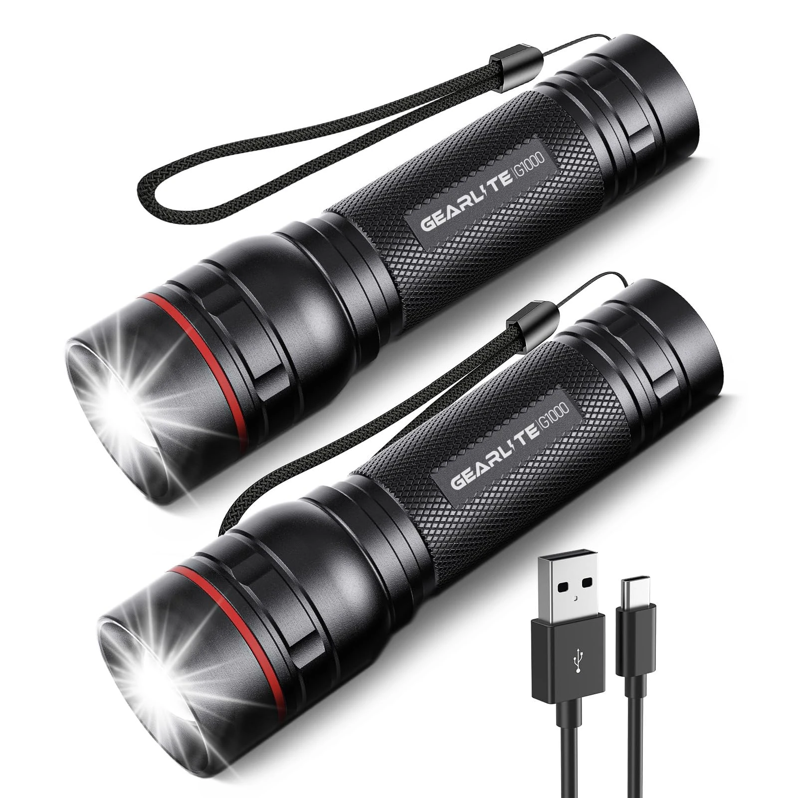 GEARLITE LED Torch Rechargeable, 2 Pack 2000LM Super Bright Adjustable Focus Flashlight, 3 Lighting Modes, Long Battery Life, Waterproof Pocket Size Torch for Power Cuts, Emergency