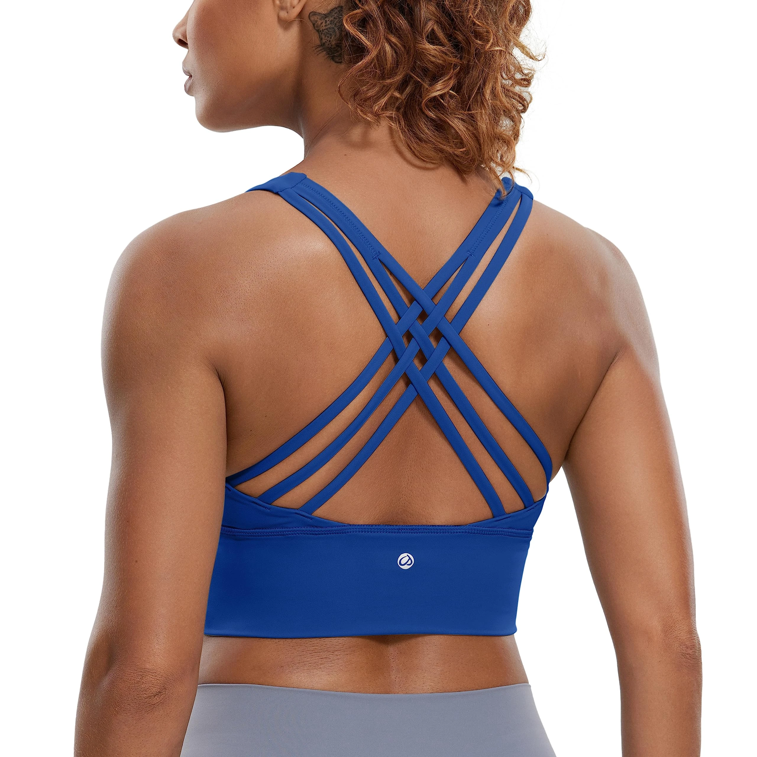 CRZ YOGA Women's Longline Strappy Sports Bras Fitness Bra Wirefree Padded Yoga Crop Tops with Built in Bra Waves Blue S