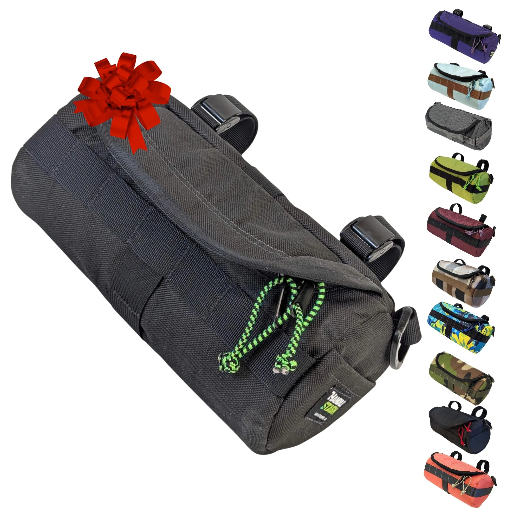 Handlebar Bag (Black & Green Burrito) | 2 Liter Capacity | Spacious Bike Bag w/ 2 Extra Long Buckle Straps & 1 Hook-and-Loop Strap | Water Resistant Front Basket | Bike Accessories | Made in USA