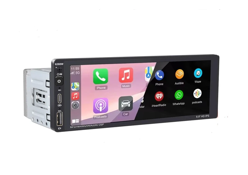1 Din Car Stereo with Wireless CarPlay Android Auto 6.9” Touch Screen Bluetooth Car Radio Support FM AM RDS Radio Mirror Link USB Type C Voice Control Power Outage Memory
