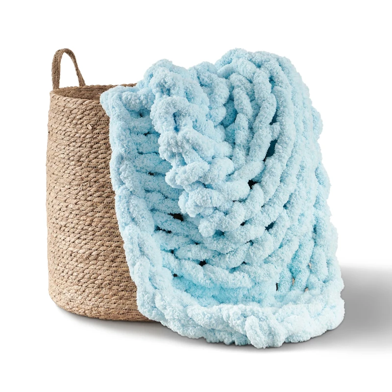 Adyrescia Chunky Knit Blanket Throw | 100% Hand Knit with Jumbo Chenille Yarn (50"x60", Light Blue)