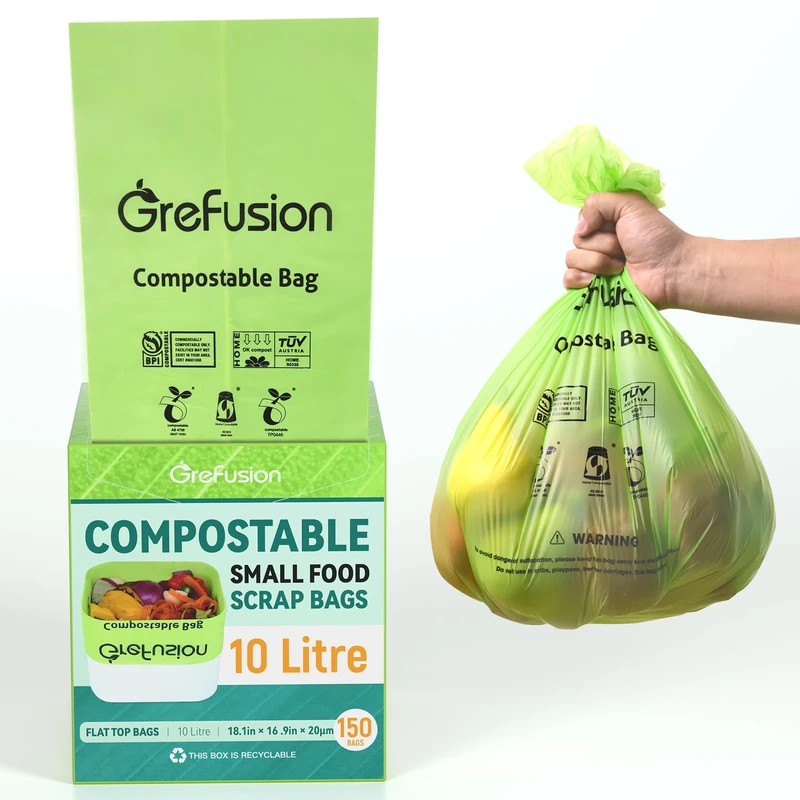GreFusion 20% Extra Thick Compostable Caddy Liners 10L 150Bags Food Waste Bags with EN13432 Certificate