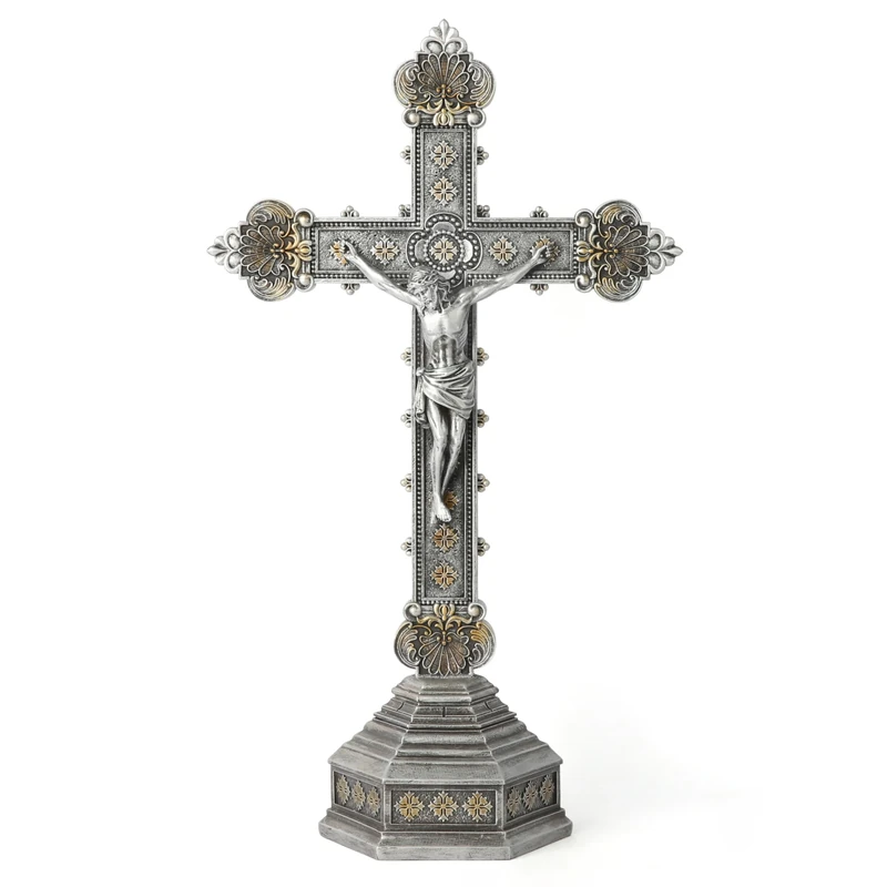 BC Catholic Crucifix Standing Cross for Altar, Silver Crucifix Tabletop Decor for Elegant Modern Home, Religious Gift, 14.7" H Handmade Renaissance Sculpture by Buildclassic