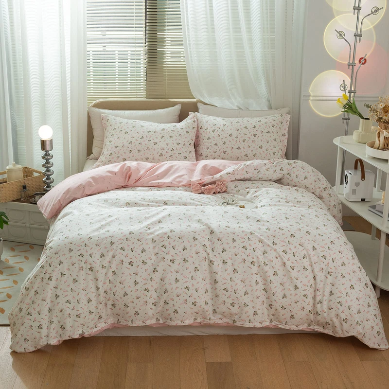 VM VOUGEMARKET Pink White Flower Duvet Cover Set Full Size 100% Cotton Reversible Garden Style Aesthetic Girls Bedding Set with 2 Pillow Shams (3 Pieces, 80x90 Inches)
