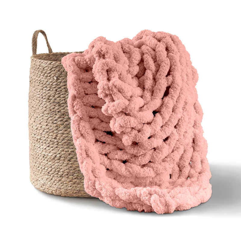 Adyrescia Chunky Knit Blanket Throw | 100% Hand Knit with Jumbo Chenille Yarn (50"x60", Seashell Pink)