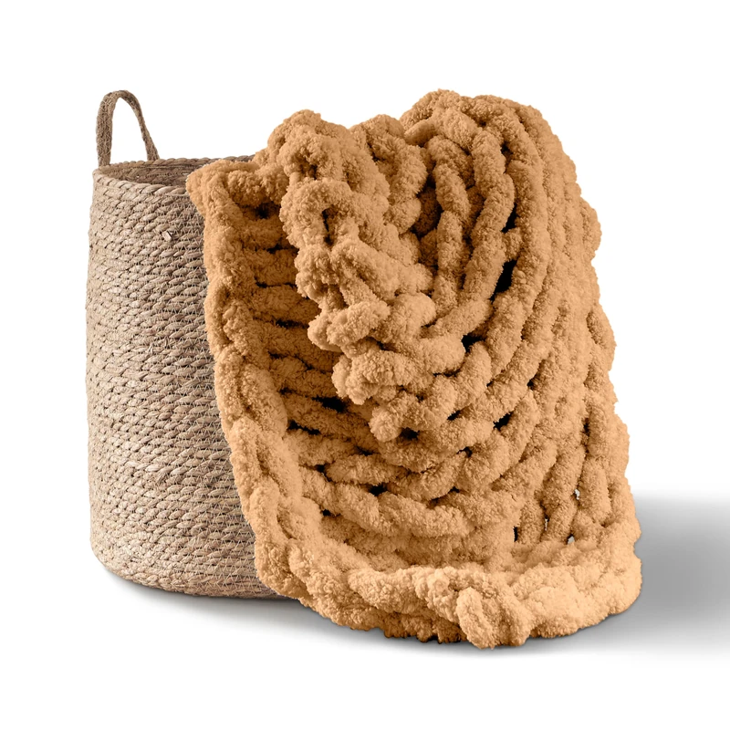 Adyrescia Chunky Knit Blanket Throw | 100% Hand Knit with Jumbo Chenille Yarn (50"x60", Caramel Brown)