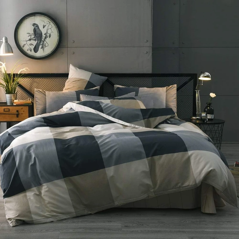 Cotton Plaid Duvet Cover Full Size Geometric Grid Checkered Bedding Sets Modern Style 3 Piece Comforter Cover for Men Women With Zipper Ties