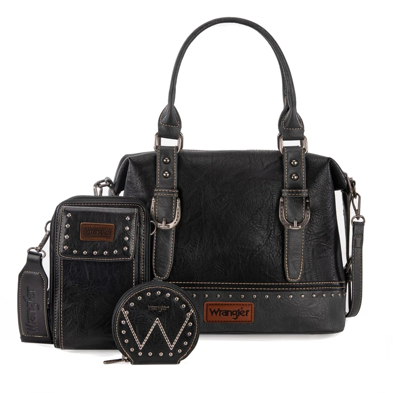 Montana West Wrangler 3Pcs Doctor Bag Set for Women, Top Handle Satchel Cell Phone Purse Handbags Hobo Bags, Eye-catching Black, One Size