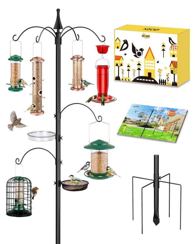 iBorn Bird Feeders Hanging Station Wild Bird Feeding Station Stand Heavy Duty 1 Inch Pole W/Removable Mesh Tray Water Tray, 6-Hooks, 5-Prong Pole Stabilizer (Bird Feeders NOT Included)