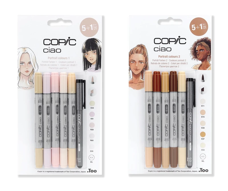 Copic Ciao Coloured Marker Pen - 5+1 Bundle, Portrait 1 And 2 Themed Sets, For Art & Crafts, Colouring, Graphics, Highlighter, Design, Anime, Professional & Beginners, Art Supplies, Colouring Books