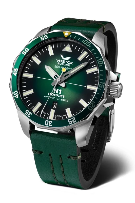 Vostok Europe Men's Watch with Leather Strap N1 Rocket Automatic 20 ATM SII NH35A Date, 225a710 - Green/Green, Bracelet