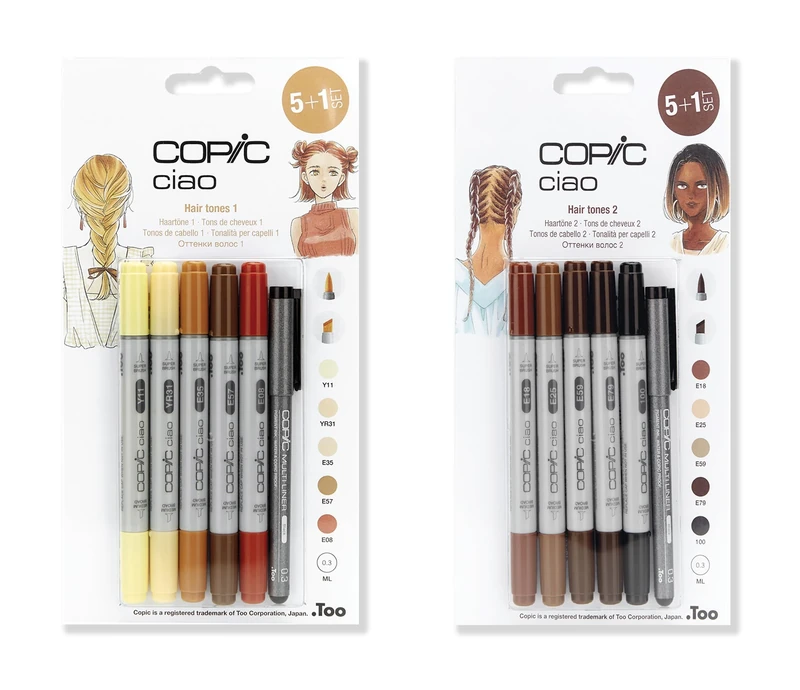 COPIC Ciao Coloured Marker Pen - 5+1 Bundle, Portrait 1 And 2 Themed Sets, For Art & Crafts, Colouring, Graphics, Highlighter, Design, Professional Beginners, Supplies, Colouring Books (CTS2207557E)