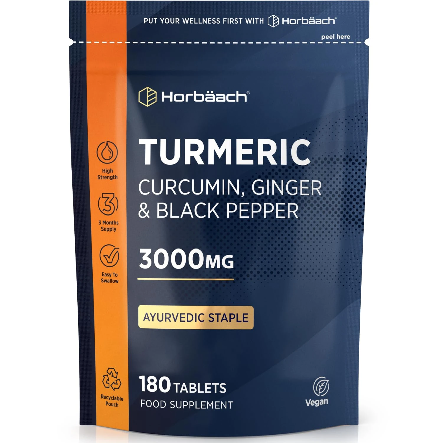 Turmeric Tablets 3000mg with Black Pepper & Ginger | 95% Curcuminoids | High Strength Active Curcumin Extract | 180 Vegan Tablets (Not Capsules) - 3 Month Supply | Horbaach