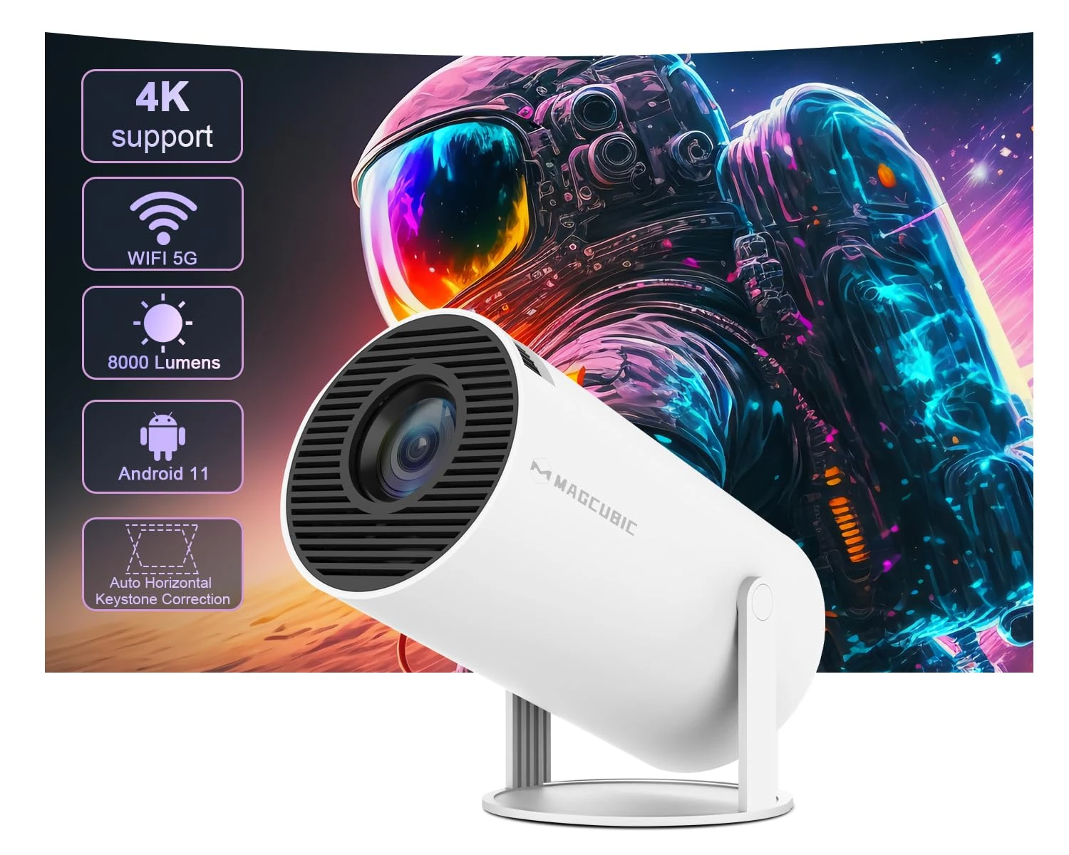 Miniprojector with Android 11, Portable Projector 4K 1080P Full HD Support, Smart Projector 5G WiFi6 BT5.0 Auto Horizontal Correction,180°Rotatable Outdoor Project for Phone/TV Stick/Laptop (Grey)