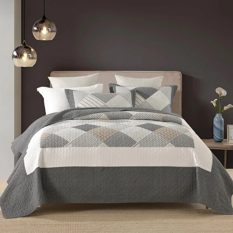 DUOHONG Quilts Queen Size - Queen Quilt Bedspread Sets, 100% Cotton Gray Quilt Bedding Set for Queen Bed, 3 Pcs Farmhouse Reversible Rustic Lightweight Comforter, Dark-Gray/White/Brown