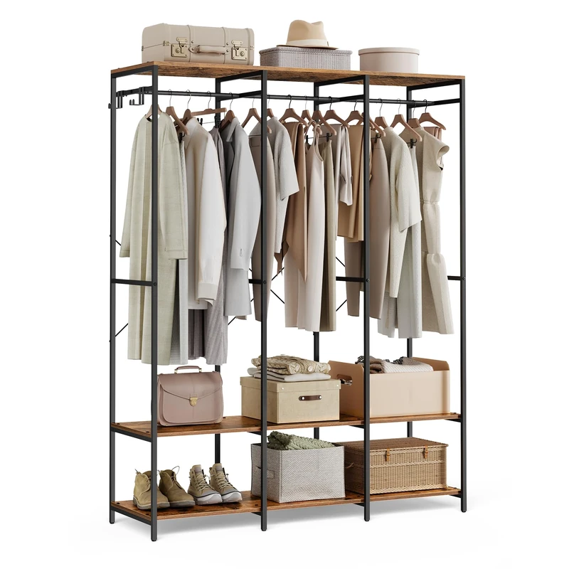 SONGMICS Portable Clothes Wardrobe, Foldable Closet, Clothes Rack Freestanding, Closet Organiser, with Hanging Rods, Storage Shelves, Removable Hooks, 40 x 141 x 180 cm, Rustic Brown RGR005B01