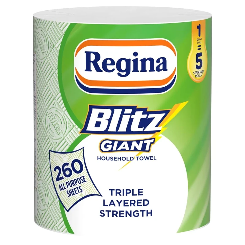 Regina Blitz Giant – 1 Roll Multi-Purpose Household Towels, 3 Ply, 260 Sheets Per Roll, Triple Layered Strength, Household Towels Made With Virgin Pulp, Recyclable Paper Packaging, and FSC Certified