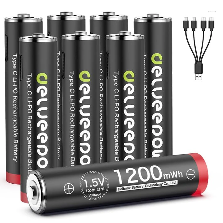 Delyeepow USB Rechargeable AAA Batteries 1.5V Lithium AAA Batteries Rechargeable 1200mWh with USB Cable,1500 Cycle,Low Self Discharge,8‐Pack