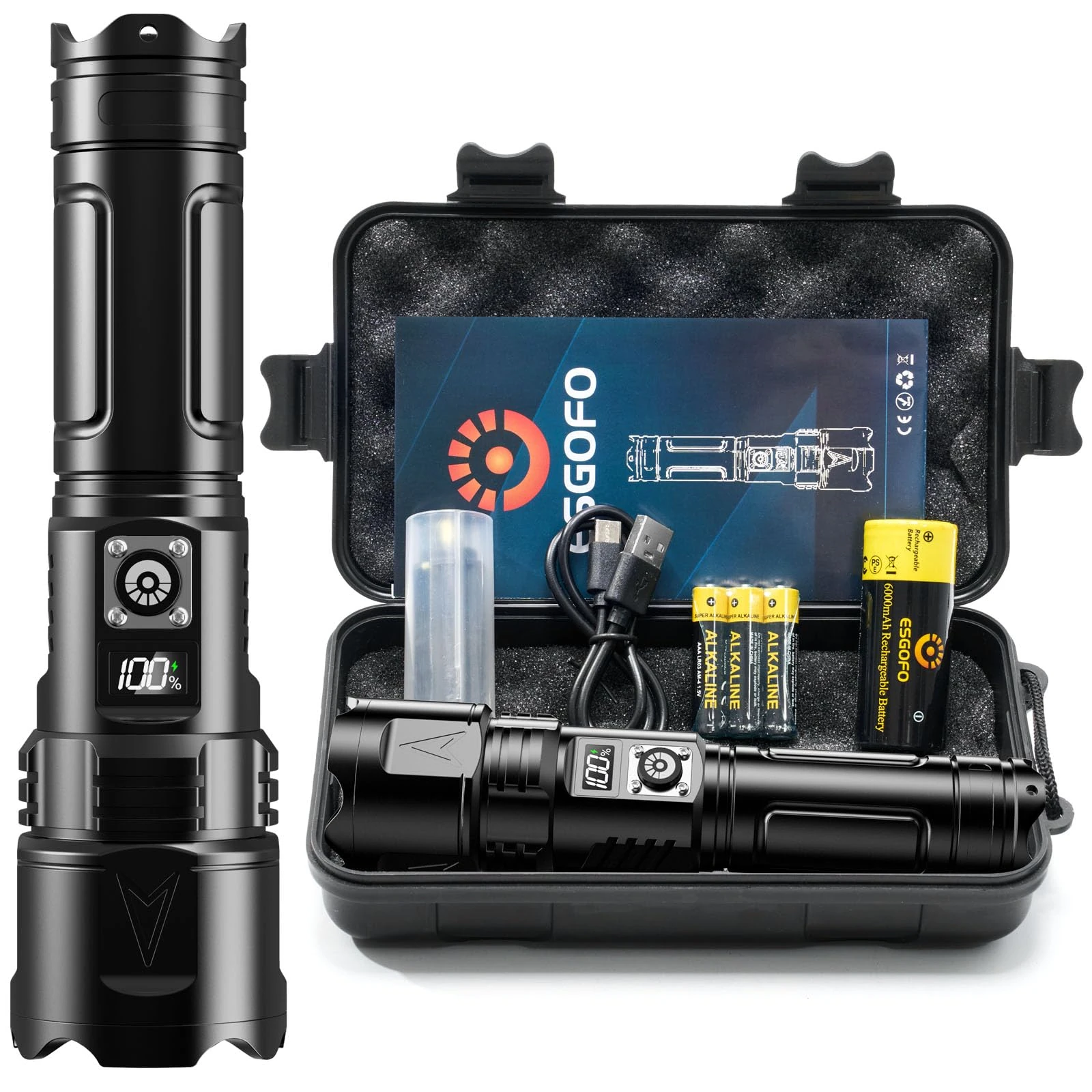 Esgofo LED Super Bright USB C Rechargeable Flashlight, Long Range 1000000 Lumens Bright Multifunction Tactical Flashlight