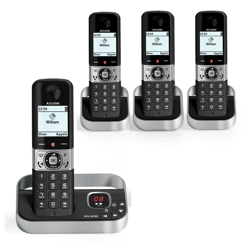 ALCATEL F890 Voice Quad - Cordless Phone DECT With Answering Machine - High Resolution Graphical Display - Handsfree - Call Barring - VIP Ringtone - 50 Min Answering Machine - 4 Handsets - Black/Grey