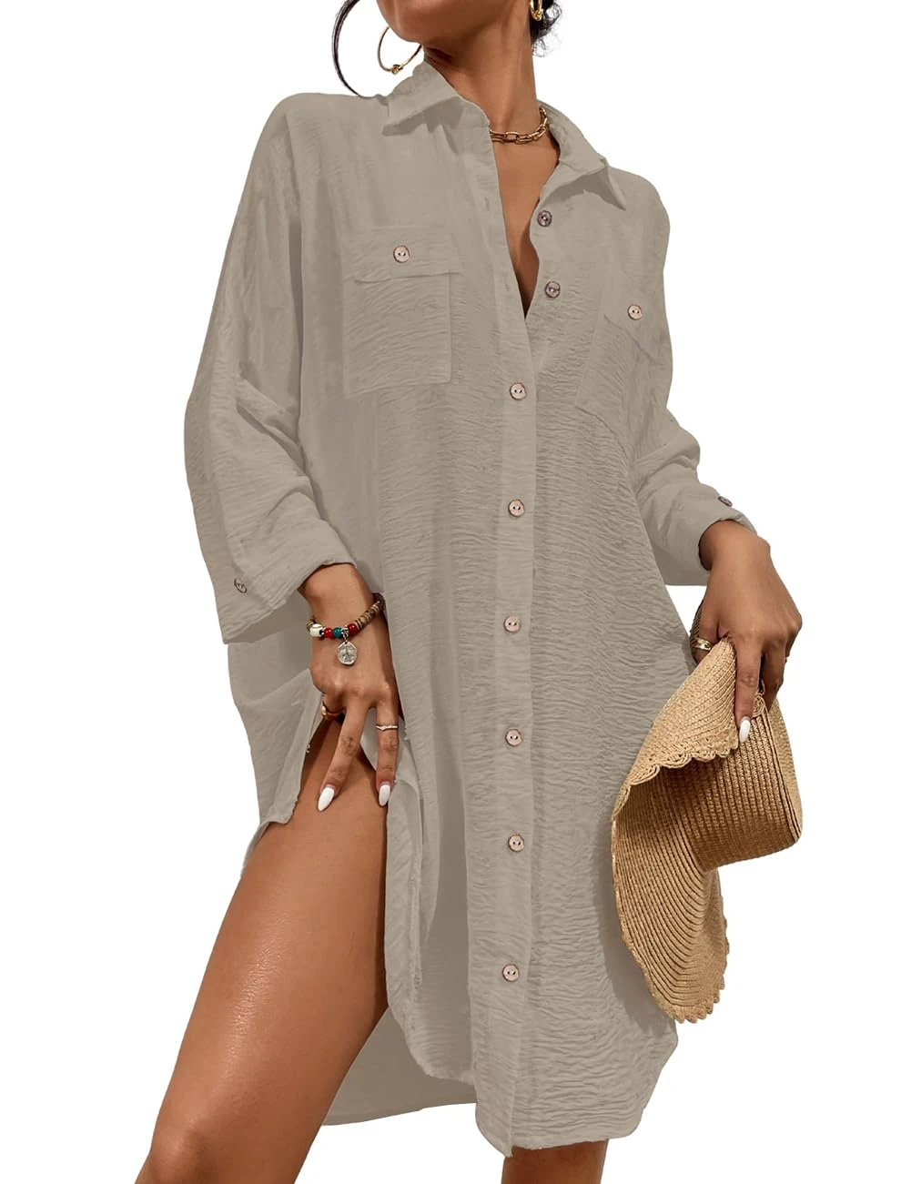 Bsubseach Modern Swimsuit Coverups for Women Button Down Beach Shirt Dress Tops Resort Wear Khaki XL