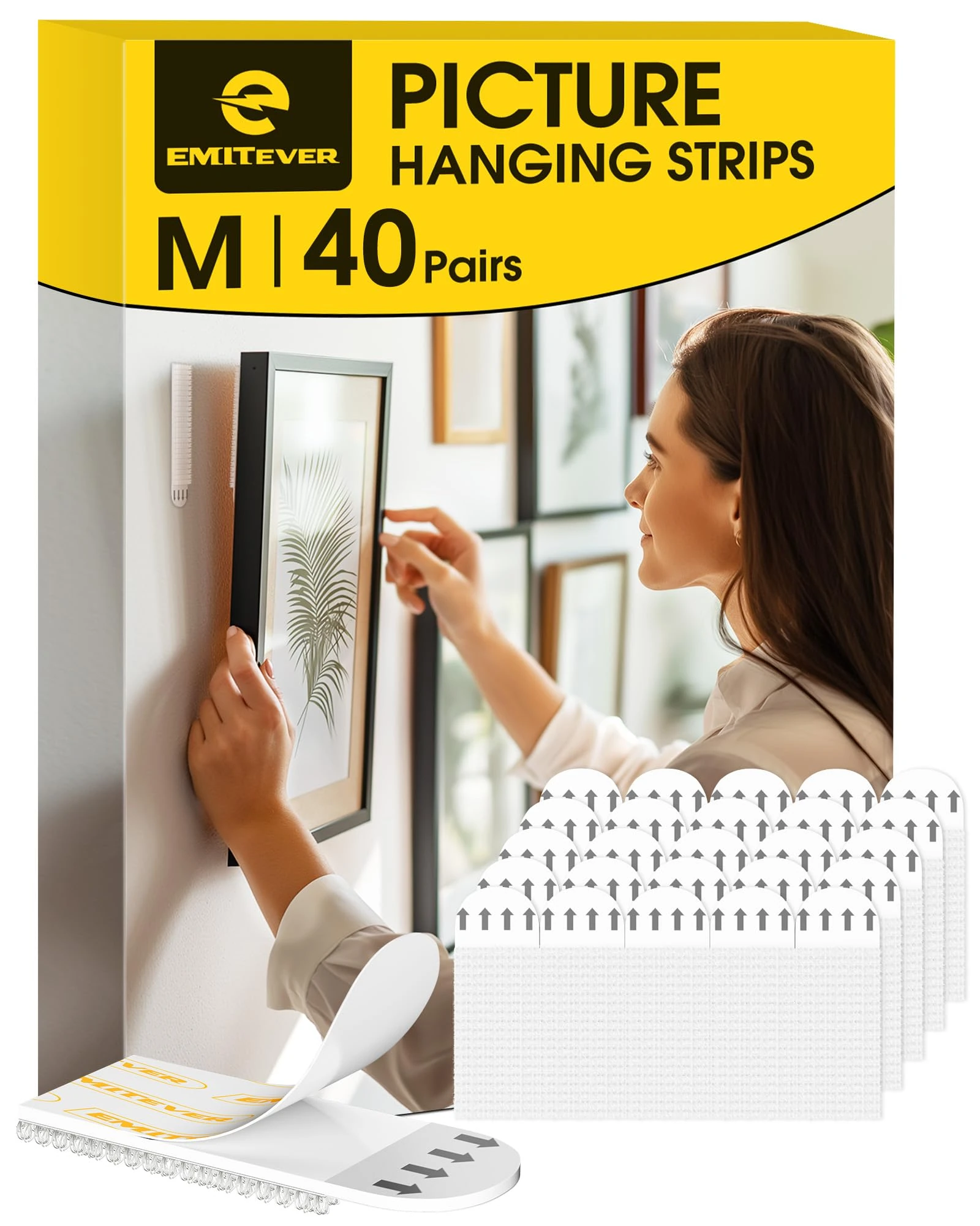 Emitever Picture Hanging Strips 40 Pair (80 Strips, M) Holds Up to 5.4 kg, No Nails Wall Hanging Strips for Frames, Photos, Mirrors, Wall Decor