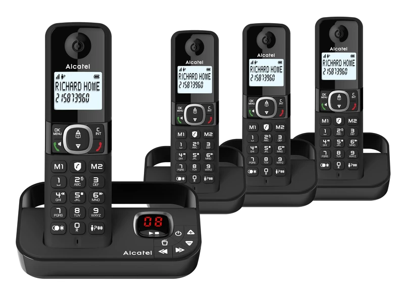 ALCATEL F860 Voice Quad - DECT Cordless Phone With Answering Machine - Large Backlit Display - Loudspeaker - Call Barring - 2 Direct Memory Keys - 4 Handsets - Black