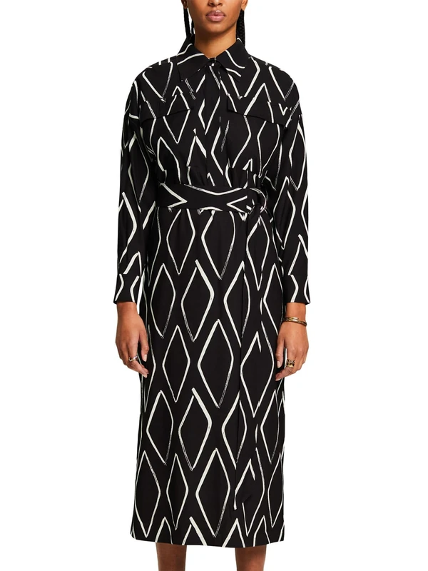 ESPRIT Shirt Blouse Dress with Print, Black, 14