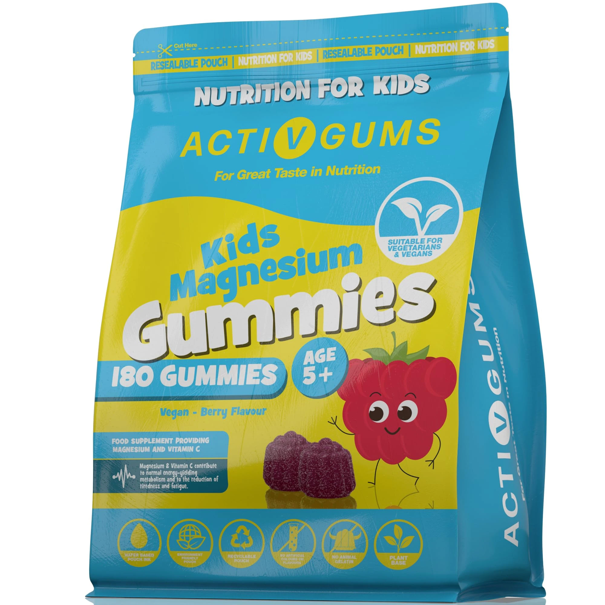 Kids Magnesium 180 Vegan Gummies | Magnesium Citrate 1250mg & Vitamin C 80mg | Support Sleep, Bones, Immune, Energy & Cognition | Resealable & Recyclable Pouch | Suitable for Kids Age 5+ by ActivGums®