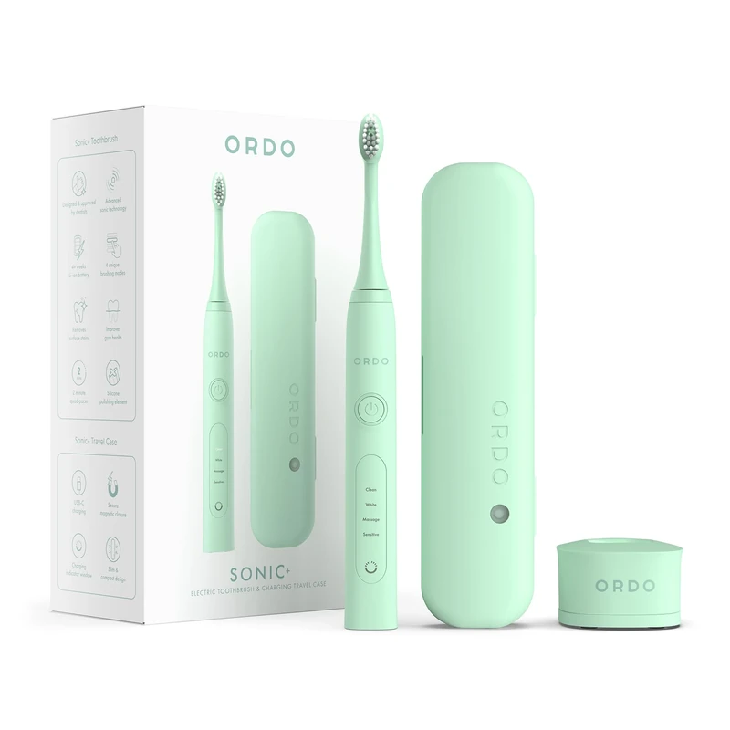 Ordo Sonic+ Electric Toothbrush with Case, Sonic Toothbrushes for Adults, Charging Travel Case, 4 Brushing Modes, Fast Rechargeable Battery, Silicone Polishing, USB Charger, Mint Green