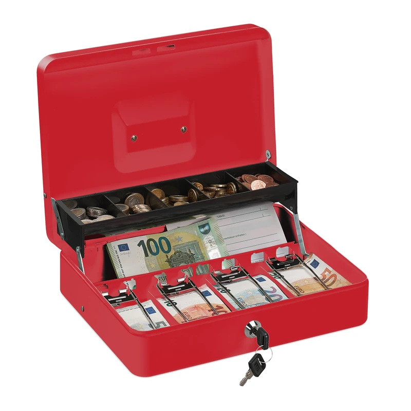 Relaxdays Cash Box, Coin Counter Tray Lockable Portable Change & Notes, H x W x D: 8.5 x 30.5 x 24.5 cm, Iron, Red