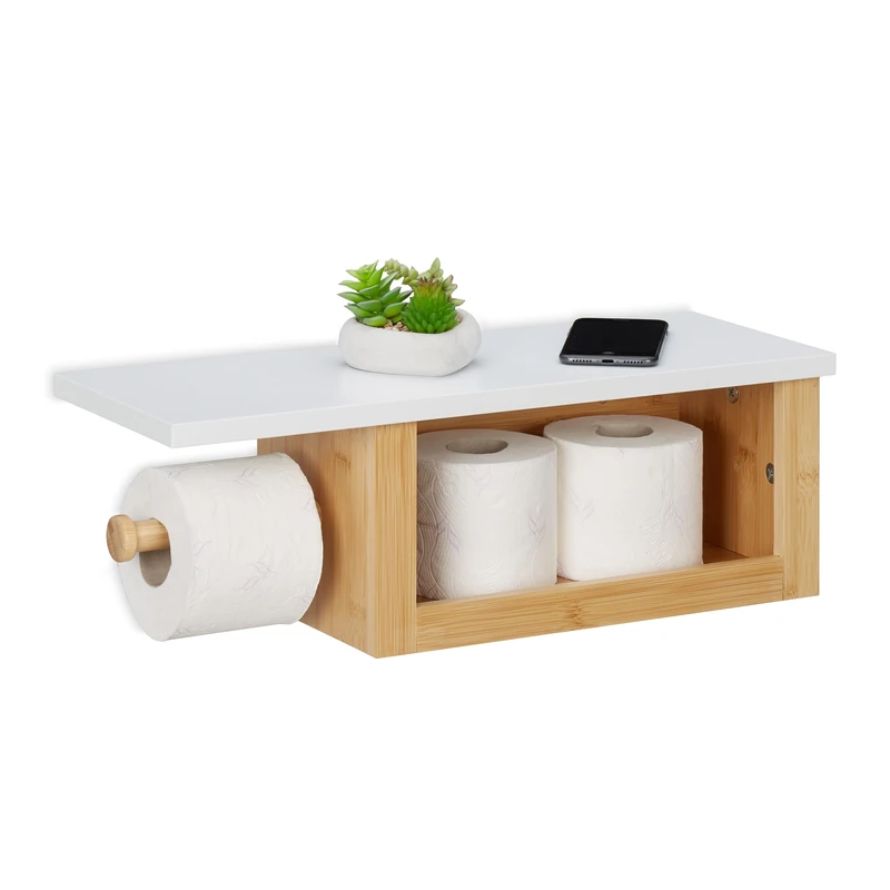 Relaxdays Toilet Paper Holder with Shelf, Bamboo, Open Compartment, HxWxD: 17x50x18 cm, Wall-Mounted, Natural/White
