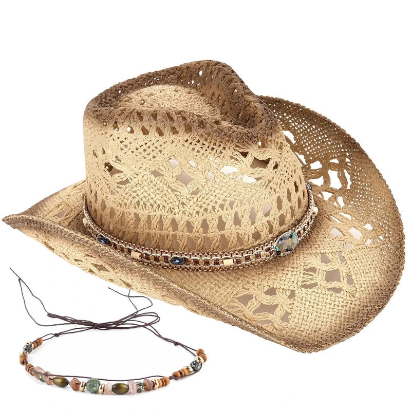 Foeran Men's Women's Straw Cowboy Hat Cowgirl Woven Sun Hat Western Cowboy Hat Two Decorative Bands, Beige-d, One Size