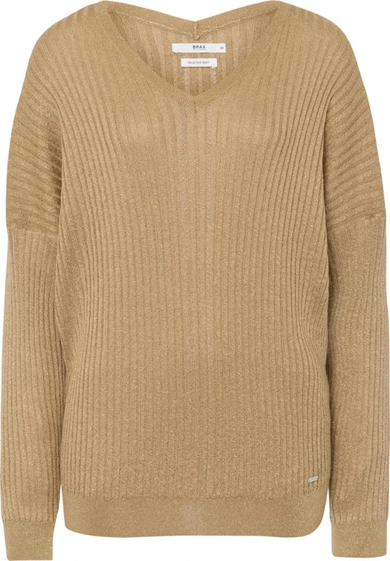 BRAX Women's Style Nala Shiny Rib with Lurex Sweater, Sand, 14