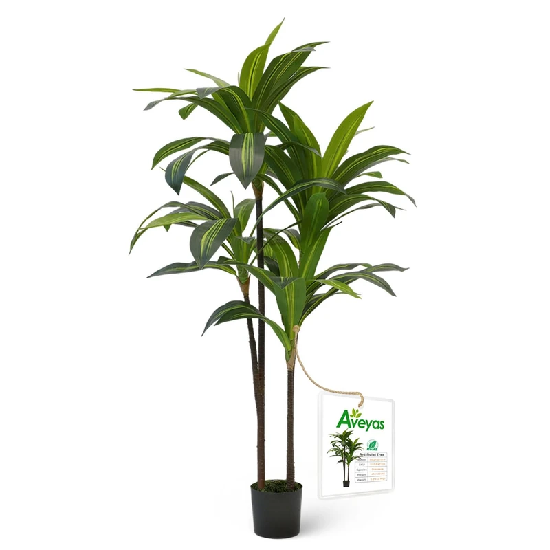 Aveyas Artificial 4 feet Faux Dracaena Tree, Fake Plant Mini Tabletop Bonsai with Black Pot, Silk Tropical Plants for Indoor Outdoor Home & Office Greenery Decor - Image 1