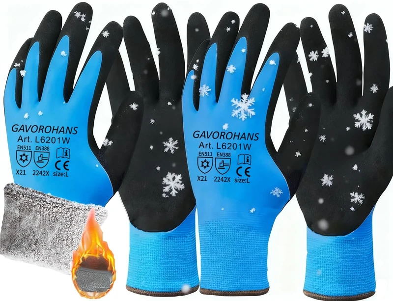 GAVOROHANS 2 Pairs Waterproof Thermal Winter Work Gloves Polar Fleece Liner Superior Grip Double Latex Coating for Garden Logistics Warehousing in Cold Weather Outdoor Activities