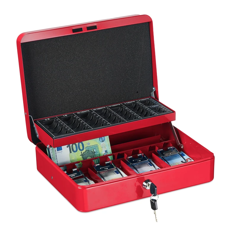 Relaxdays Cash Box, Coin Counter Tray Lockable Portable Change & Notes, H x W x D: 8.5 x 30.5 x 24.5 cm, Iron, Red