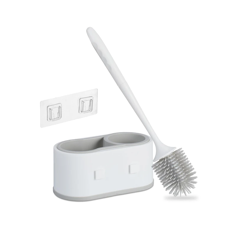 Relaxdays Toilet Brush with Wall Holder, Quick-Drying, Bathroom Container, WC Cleaner, No Drilling, Plastic, White/Grey, 40 x 21.5 x 11.5 cm