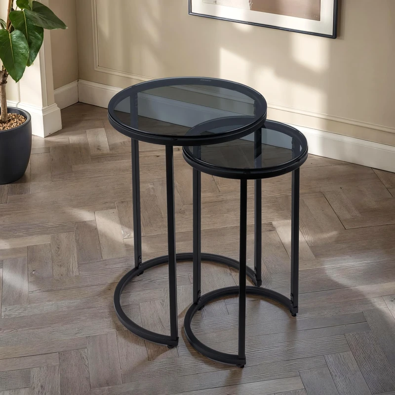 Julian Bowen Chicago Round Nesting Side Tables, Smoked Glass/Black, 55 x 40 x 40
