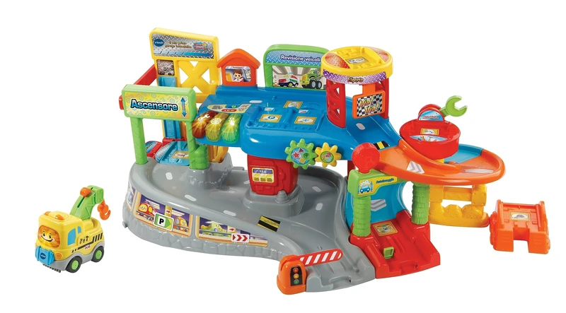 VTech Vroom Vroom Go – My First Interactive Garage, Car Track with Talking Garage, Includes Electronic Vehicle for Trailer, Car Track with 9 Magic Zones, Italian Language, 1-5 Years