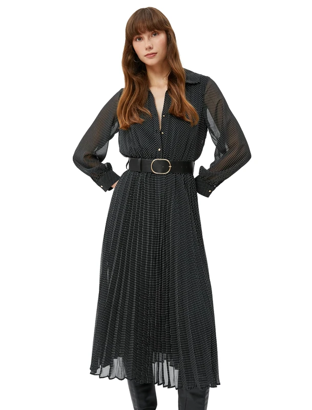 Koton Women's Shirt Neck Long Sleeve Belted Polka Dotted Maxi Dress, Black Design(9D9), 8