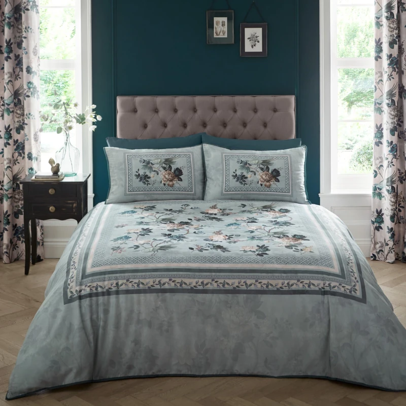 Appletree - Teal Floral & Birds Duvet Cover - Double Bedding Size (200 x 200cm) - 200 Thread Count - 100% Cotton Sateen - 2 Pillowcases - Vintage Bedding with Flowers - Luxury Duvet Cover Set in Teal - Image 1