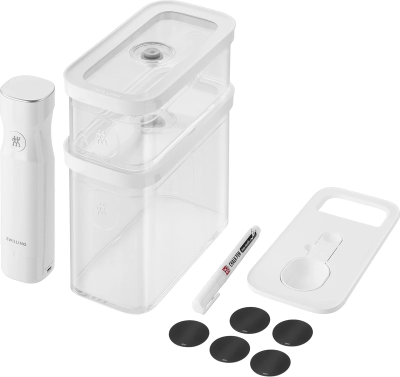 ZWILLING FRESH & SAVE CUBE vacuum starter set, size M, 5-piece vacuum storage set incl. 2x CUBE boxes M, vacuum pump, measuring spoon, NFC labels